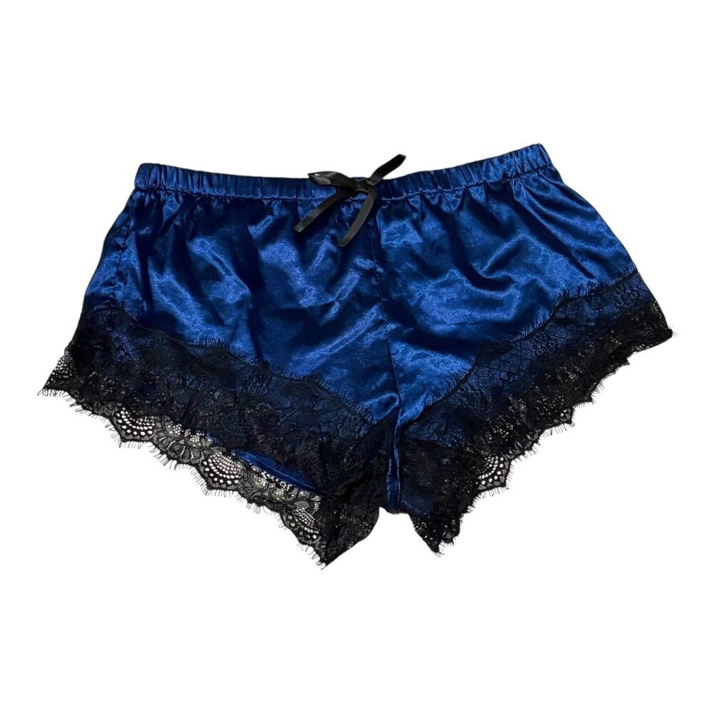 NWOT Deep Royal Blue Satin Sleep Shorts - Black Lace Trim L/XL - Sexy Lingerie